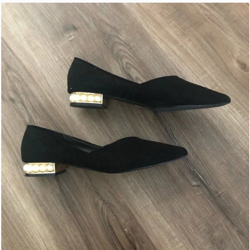 Women's Black Faux Suede Point Toe Flats with Pearl Accent Heels